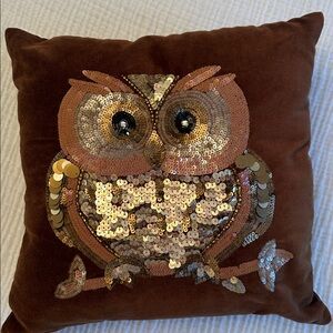 Pier 1 Imports Beaded Sequin Owl Brown Velvet Pillow 14" Square Fall Decor